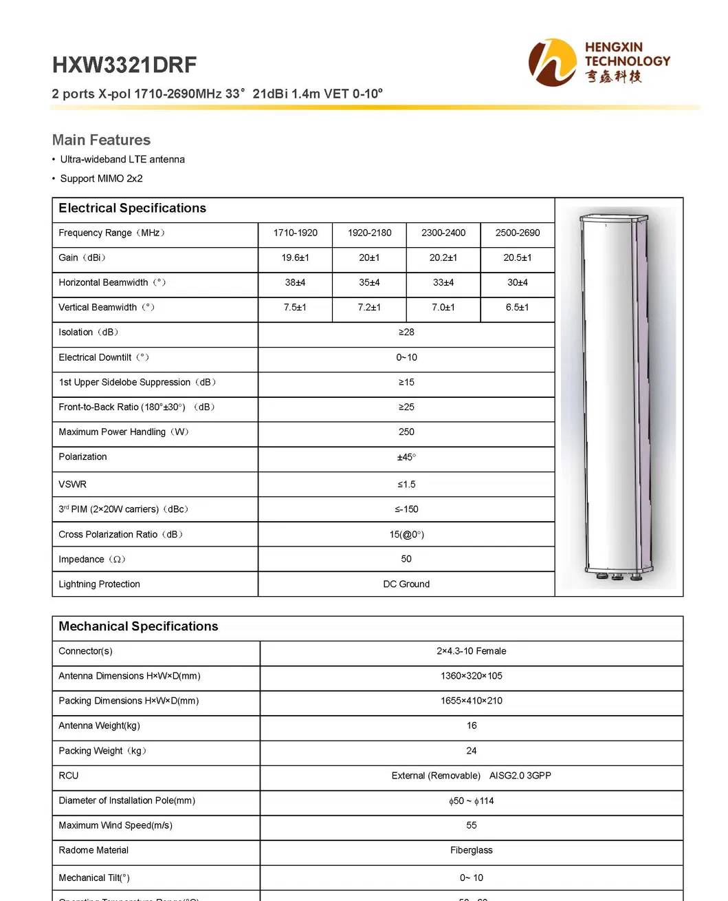 2 Ports X-Pol 1710-2690MHz 33° 21dBi 1.4m Vet 0-10º Directional Antenna