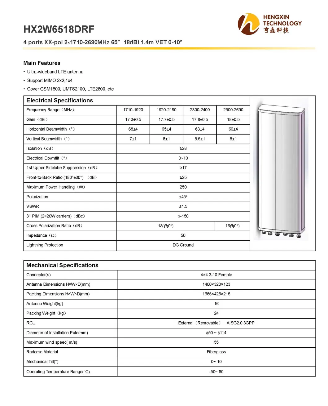 4 Ports Xx-Pol 2× 1710-2690MHz 65° 18dBi 1.4m Vet 0-10º Directional Antenna