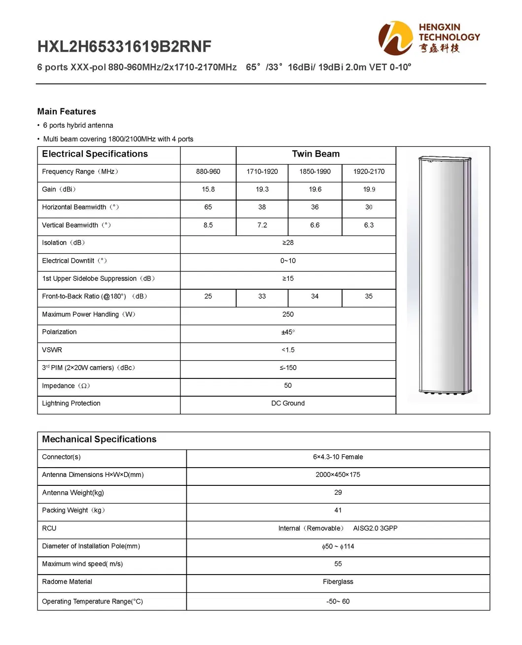 8 Ports Xxxx-Pol 880-960MHz/1710-2170MHz/2X1710-2170MHz 65° /65° /33° 16dBi/ 18dBi/ 19dBi 2.0m Vet 0-10º Hybrid Antenna