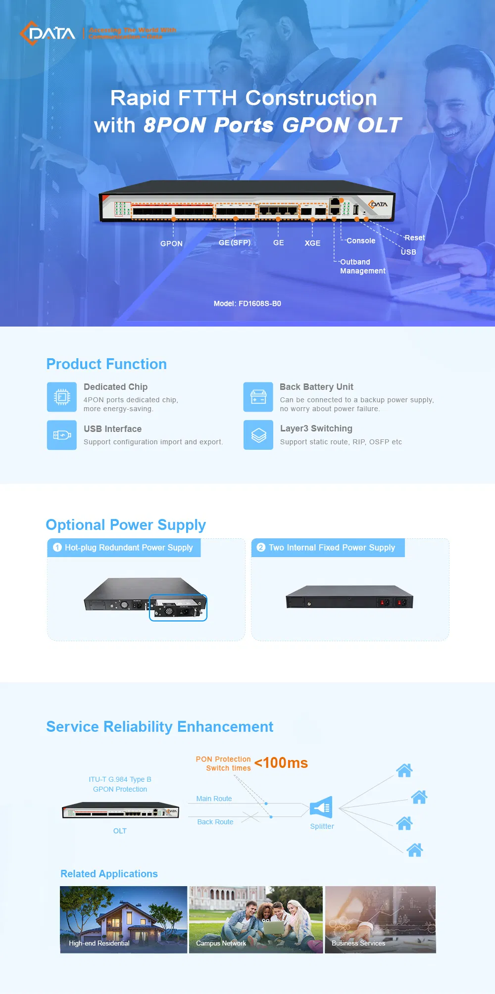 8pon Ports Gpon Olt Built-in DC Power Supply