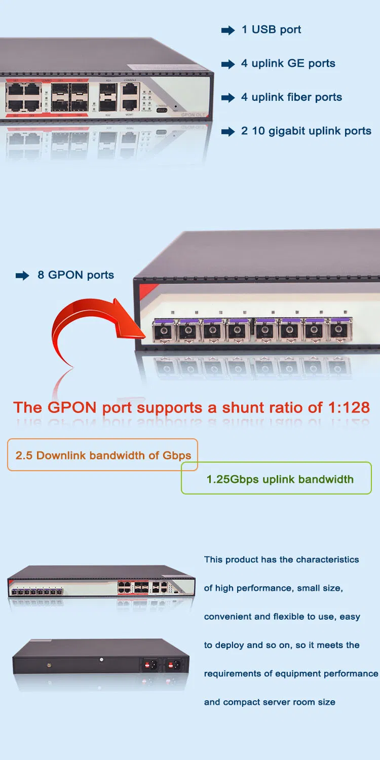 FTTH/FTTB 2*10g Uplink Ports Fiber Optic Network 2.5g 8 Pon Ports Gepon Olt