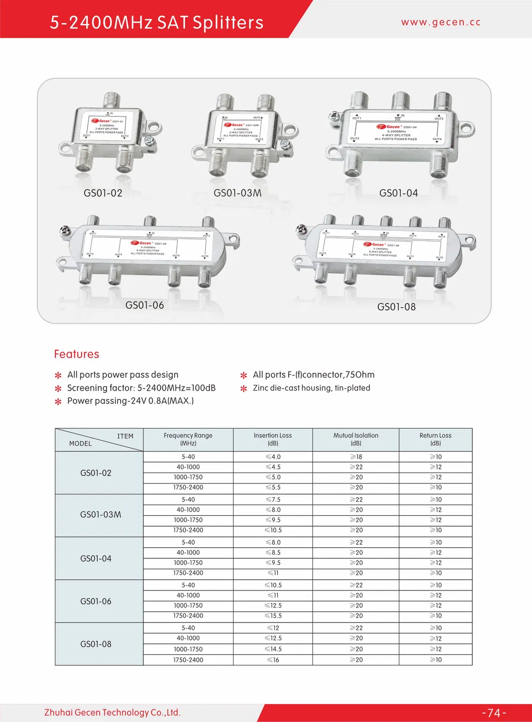 Gecen 5-2400MHz 8 Way Satellite Splitter with Power Passing