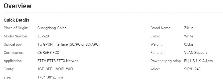 OEM Gpon ONU Ont Zc-520 1ge+3fe+1tel+WiFi