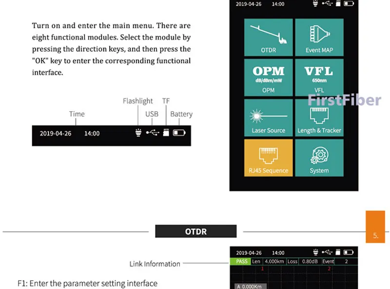 PRO Mini OTDR Fiber Optic Reflectometer 980rev with 9 Functions Vfl Ols Opm Event Map 24dB for 64km Fiber Cable Ethernet Tester