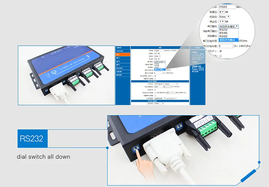 Serial Port Switching Among RS232/RS485/RS422 4 Ports Serial to IP Converters